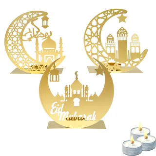 Flanacom Ramadan Kareem Dekoration Gold Eid Mubarak Tischdeko Orientalische Deko Teelichthalter 15 x 15 cm für Kerzen, Hochzeit, Weihnachten, Balkon, Garten (3er Set)