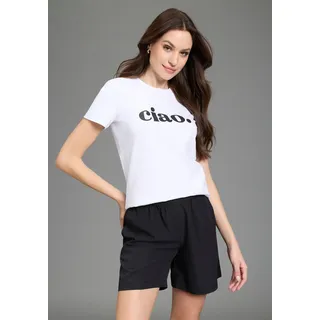 T-Shirt LAURA SCOTT "ciao", Damen, Gr. 32/34, weiß, schwarz, Single Jersey, Obermaterial: 95% Baumwolle, 5% Elasthan, bedruckt, figurumspielend hüftlang, Rundhals, Shirts T-Shirt, mit glitzerndem Statement-Print, figurumspielende Passform