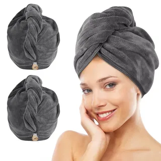 KinHwa Turban Handtuch mit Knopf XL Mikrofaser Haarturban für die Haare schnelltrocknend Haarhandtuch super saugfähig und weich für Lange und dichte Haare 30cmx70cm 2 Stück Grau
