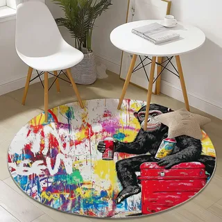 Generisch Kurzflor Teppich Rund 180 cm, Bunt Abstrakter Graffiti-AFFE Muster Terrassen Teppich Dekorative Wohnzimmer Schlafzimmer, Teppiche Anti-Rutsch Unterseite