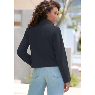 Kurzblazer LASCANA, Damen, Gr. 42, navy, Web, Obermaterial: 75% Polyester, 18% Viskose, 7% Elasthan. Futter: 100% Polyester, unifarben, festlich, figurumspielend taillenbedeckt, mit Schlitz, Blazer Kurzblazer, mit Knopf, eleganter Cropped-Blazer, Topseller
