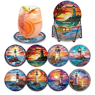 MOGTAA 8 STK Diamond Painting Untersetzer mit Halter, Diamond Painting Leuchtturm, Diamant Malerei Set Bilder Erwachsene Kinder, DIY Diamant Tassenuntersetzer mit Kork, für Home Dekor