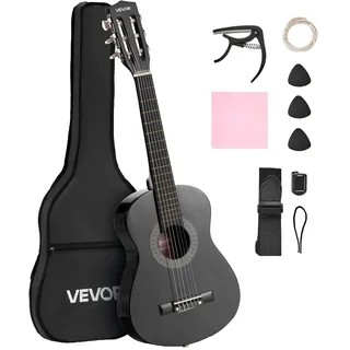 Vevor Konzertgitarre, 780 mm, Holz-Klassikgitarren-Starter-Set für Anfänger, mit Nylonsaiten, Gigbag, Gurt, Stimmgerät, zusätzlichen Saiten, Plektren, Kapodaster, Linde, für Einsteiger, Schwarz