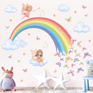 decalmile Wandtattoo Regenbogen Fee Wandaufkleber Schmetterlinge Wolken Sterne Wandsticker Mädchen Schlafzimmer Babyzimmer Kinderzimmer Wanddeko