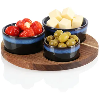 com-four® 4-teiliges Servierset - Schüsselset mit Holzbrett zum Servieren von Tapas, Mezze oder Antipasti - 3 Schälchen in 3 Größen mit Serviertablett aus Akazienholz (4-teilig blau)