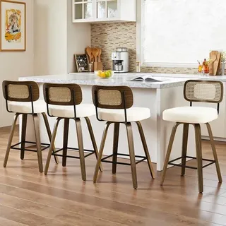 Barhocker 4er Set mit Rattan Lehne, 65 cm Sitzhöhe, 360° Drehbar, Bugholz & Kunstleder, Extra Dickem Sitz 7cm, Thekenhocker bis 150 kg für Kücheninsel, Bartisch Modernes Retro-Design Weiß