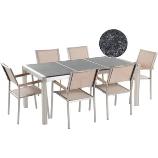 BELIANI Gartenmöbel Set Schwarz Beige Granit Edelstahl Tisch 180 cm Geflammt 6 Stühle Terrasse Outdoor Modern - Grau, Silber, Beige