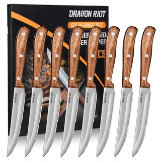DRAGON RIOT Steakmesser Set 8-Teilig mit Holzgriff in Geschenkbox | Hochwertiges Steakbesteck mit Wellenschliffklinge, Schneidet Sauber ohne Zerreißen, Präziser Schnitt