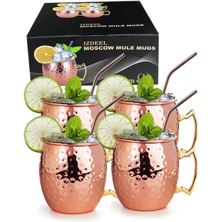 izdeel Moscow Mule Becher 4er Set Kupfer Becher für Cocktail, Gin, Bier, kalte Getränke, Zuhause, Bar, Party, Valentinstag Weihnachten Neujahr Geburtstag Geschenke Kasten (4 Tassen und 4 Strohhalme)