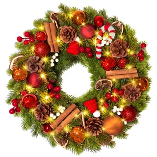 GlobaLink Weihnachtskranz 40cm, Türkranz Weihnachten mit 40 LEDs Timer Batteriebetrieben Künstlicher Kranz mit Zuckerstange Zitronenscheiben und Weihnachtskugeln Weihnachtsdeko für Feste Advent Türe