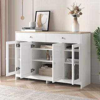FurnitureR Sideboard mit weißer Holzmaserung, Vier Türen, mit Zwei Schubladen, Tür mit Glas. Wohnzimmer, Esszimmer. Holzfarbe und Weiß