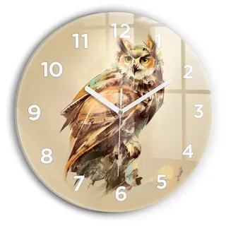 Wallfluent Wanduhr – Stilles Quarzuhrwerk - Uhr Dekoration Wohnzimmer Schlafzimmer Küche - Zifferblatt - weiße Zeiger - 30 cm - Eule - ein Zeichen der Weisheit - Braun
