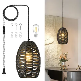 ZPBSJ Rattan Plug in Pendelleuchte Boho Hängeleuchten Schwarz Hängeleuchten Höhenverstellbar Korb Lamp E27 Hängelampe für Schlafzimmer Wohnzimmer Bauernhaus(1Pack)
