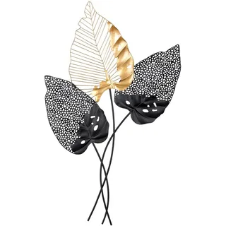 Gilde Deko Wandrelief Wanddekoration XXL - 3D Metall Bild Blätter - Dekoration Wohnzimmer - Farben: Schwarz Gold - 65 x 107 cm