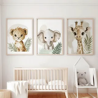 Xiyocadt 3er Tier Poster Set, Bilder Kinderzimmer, Elefant - Giraffe - Löwe, Dekor im Babyzimmer, Sicher und geruchlos moderne Wandbilder, ohne Rahmen (30 x 40 cm)