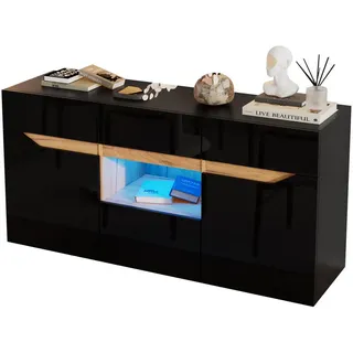 Redom Sideboard 140/40/70 cm mit LED-Beleuchtung, 4 Schubladen und 2 Türen, Hochglanz-Front, Schwarz/Naturholz , Holzwerkstoff , 140x70x40 cm , Kleinmöbel, Kommoden, Sideboards