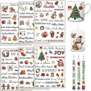 Ymoryiyi Kerzentattoos Weihnachten 6 Stück, Wasserschiebefolie für Kerzen mit Weihnachtsmotiven, DIY Weihnachtsdeko Geschenk