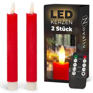 Novaliv Stabkerzen LED mit Timer ROT 2er indoor mit 6 Stunden Timer - ECHTWACHS 18cm Höhe für Kerzen 2,2cm Durchmesser 2 AAA Batterien notwendig LED Stabkerzen flackernde Flamme bewegliche Flamme