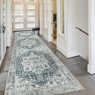Homcomodar Distressed Läufer Teppich für Flur 80x300cm Vintage Flur Runner Teppiche Waschbare Boho Kitchen Runner Teppiche für Entryway Wäsche Daneben(Blau/Grau)