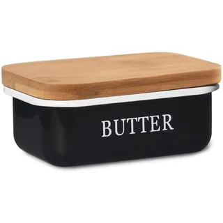 Theo&Cleo Butterdose mit Holzdeckel, Butterglocke für 250 g Butter, Multi-Funktion Butter Dish, Edlem & Nachhaltigem Bambusdeckel (Schwarz)