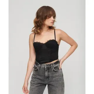 Superdry für Damen. W6011751A Korsett-Oberteil aus Satin mit schwarzer Netzspitze (L), Lässig, Polyamid, Ärmellos / Hosenträger