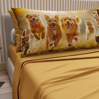 PETTI Artigiani Italiani - Bettwäsche Tiere mit Katzen und Hunden aus Baumwolle mit Kissenbezügen im Digitaldruck, Bettwäsche für Doppelbett, gelb, 100% Made in Italy