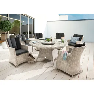 Destiny Garten-Essgruppe »LUNA« 6x Sessel, 1x Tisch, 1x Drehteller, inkl. Auflagen, 19 Stk. tlg. Aluminium, Polyrattan, weiß