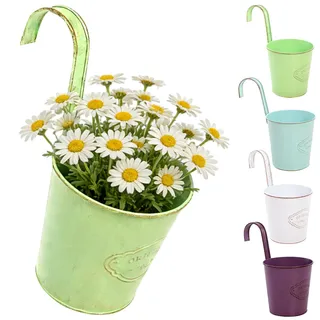 CITÉTOILE 4er Set Hängender Blumentopf mit Drainageloch, Bunter Metall-Blumentopf mit Abnehmbar Haken, Vintage Style Dekotation Balkon Garten Wand Zaun Draussen Innenwand, Modell-02