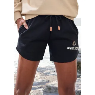 Sweatshorts H.I.S, Damen, Gr. 32/34, N-Gr, schwarz, Sweatware, Obermaterial: 60% Baumwolle, 40% Polyester, unifarben, bequem kurz, Hosen Sweatshorts, mit Kordelzug und Print, Loungewear, Topseller