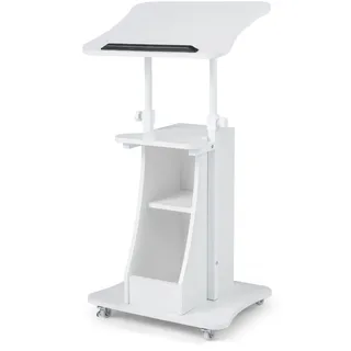FANTASK Stehpult höhenverstellbar, 50 x 40 x 72–112 cm, mobiler Rednerpult mit neigbarer Tischplatte & offenen Fächern, Rednerpultständer zum Stehen & Sitzen, Stehtisch auf Rollen für Büro (Weiß)