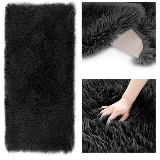 AmeliaHome Teppich Lammfell Kunstfell Hochflor Bettvorleger rechteckig Dokka Schwarz 50x150 cm