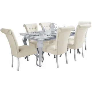 Deine Möbel 24 Tischgruppe Luise 170(+40)/90 cm in Weiß Hochglanz mit 6 Stühlen in Beige , Weiß Hochglanz, Beige , Buchenholz , Echtholz,Buche , Rechteckig , 90x76x170 cm , Esszimmer, Bänke, Tischgruppen & Eckbankgruppen