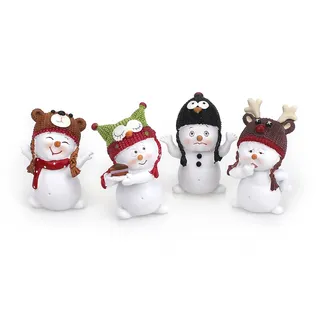 Tempelwelt 4 x Deko Figur Schneemann mit Wintermütze im Set je ca. 5,5 cm hoch, Polystein weiß mit bunten Mützen, Schneemänner Figuren Geschenkdeko Winter Weihnachten