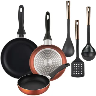 Well Home Set mit 3 Pfannen, Ø 16 x 20 x 24 cm, aus gepresstem Aluminium, kupfer-metallic + 3-teiliges Küchenutensilien-Set aus PBT, Schwarz und Kupfer