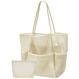 Mesh Strandtasche mit Reißverschluss, Große Strandtasche für Familie, Robuste Netz- & Canvas Beach Bag mit Mehreren Fächern, Extra Aufbewahrungstasche (White)