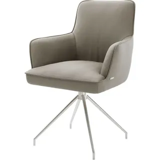 DeLife Drehstuhl Heira-Flex mit Armlehnen Echt-Leder Schlamm Kreuzgestell konisch Edelstahl 180° drehbar Taschenfederkern, Esszimmerstühle