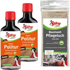 POLIBOY fixneu Politur dunkel - Möbelpolitur für dunkle lackierte Hölzer - farbauffrischende Holzpolitur - 2x 100ml - Mit Baumwolltuch - Made in Germany