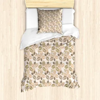 ABAKUHAUS Blatt Mantele, Retro Blatt Silhouetten, Milbensicher Allergiker geeignet mit Kissenbezügen, 135 cm x 200 cm - 80 x 80 cm, Armee-Grün Tan Brown