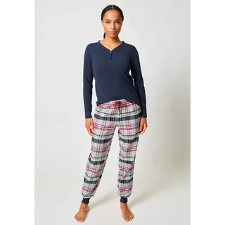 Pyjama SKINY "Night In Skiny Flanell", Damen, Gr. 36, navy blazer, Flanell, Obermaterial: 95% Baumwolle, 5% Elasthan. Obermaterial Hose: 100% Baumwolle, unifarben, bequem lang, V-Ausschnitt, Homewear-Sets Pyjama, elastischer Bund, Bindeband, Oberteil mit Knöpfen, langärmelig