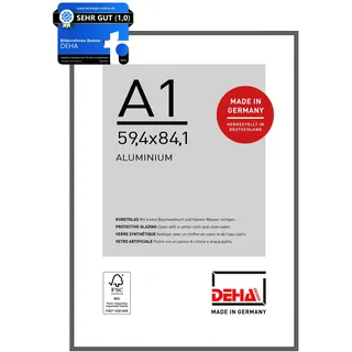 DEHA Design Bilderrahmen, 59,4 x 84,1 cm (A1), Aluminium, Grau matt, Posterrahmen zum Aufhängen im Hoch- & Querformat, bruchsicheres Kunstglas, Boston