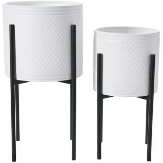 Main + Mesa, Moderne Boho-Blumentöpfe aus Metall mit Prägung und Ständern, Weiß und Schwarz, 2er-Set in verschiedenen Größen