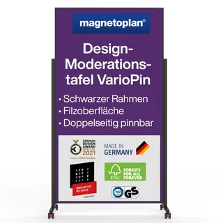 magnetoplan Design-Moderationstafel VarioPin, Filz Violett | BxH 1000x1800mm | Pinnwand Rahmen schwarz | Mobile Pinntafel | Doppelseitig | Hochwertige Filztafel | Made in Germany