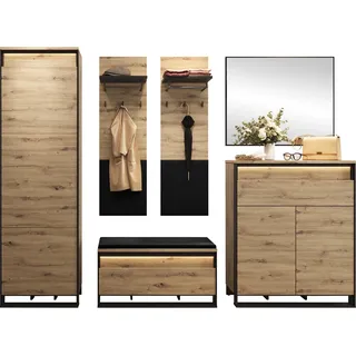 MIRJAN24 Garderobe-Set Quant VII, Garderobe & Flur, Kleiderschrank, Kommode, Schrank, Spiegel, 2x Kleiderhaken (Farbe: Artisan Eiche / Schwarz + Velo 637) - Braun