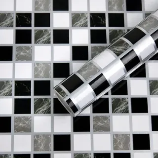 Fantasnight Schwarzes Marmormosaik Folie 60x500cm selbstklebend für Bad und Küche × Schwarz