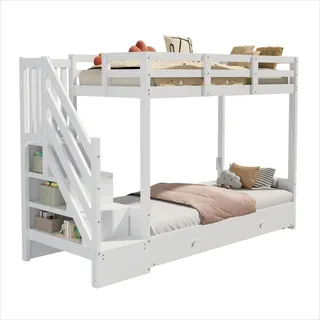 Flieks Kinderbett Etagenbett 90x200 Treppe Schubladen Weiß , Holz , 90x200 cm , Babymöbel & Kindermöbel, Kinderzimmer & Jugendzimmer, Kinderbetten, Hochbetten