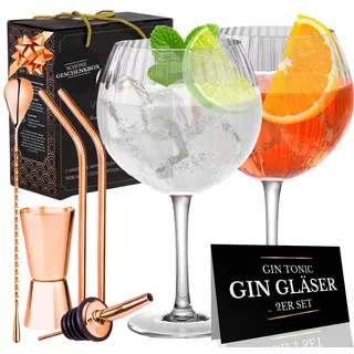 Vemacity Gin-Tonic-Gläser-Set – 2 Handgefertigte Gin Gläser | Rotgold-Barlöffel, Spirituosen-Messbecher, 2 Metallstrohhalme