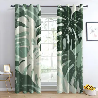 Luxfieo Monstera Vorhänge Grün Tropische Blätter Dschungel Vorhang Blickdicht Gardinen Verdunklungsvorhänge mit Ösen Thermovorhang für Wohnzimmer Schlafzimmer Fenster Deko 2er Set H 160 x B 132 cm U#3
