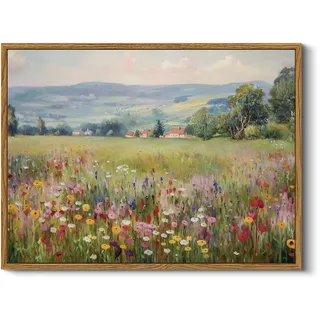 HUARCEY Leinwandbild, Vintage-Blumenmuster, 30,5 x 40,6 cm, gerahmt, Landschaft, Wildblumenkunst, rustikale Natur, Blumenfeldmalerei, Retro-Frühlingsmotiv, bunte Wiese, Dorfszene, Bauernhaus-Dekor