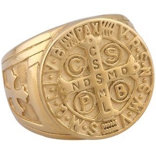 Flongo Herren Ring Männerring Herrenring Benediktussegen, Breit Edelstahl Band Ring Ringe Gold Bandring Siegelring Daumenring Saint Benedict Medal Herren-Accessoires Größe 70