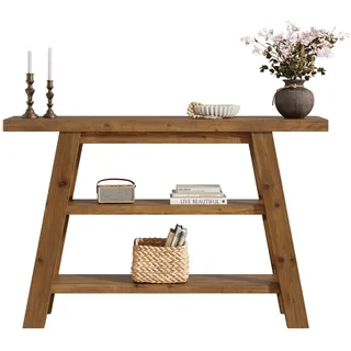 LITTLE TREE Konsolentisch aus Massivholz, 120 cm lang, Landhaus-Eingangstisch mit 3 Ablagen, rechteckiger Beistelltisch hinter dem Sofa, schmaler Akzenttisch für Flur, Foyer, Wohnzimmer (Braun)